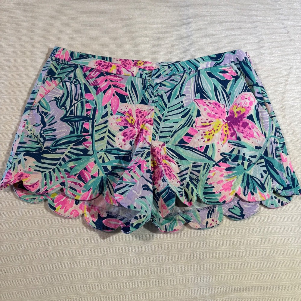 Lilly Pulitzer Buttercup Scallop Hem Shorts Pink Tropical Floral Cotton Size 6